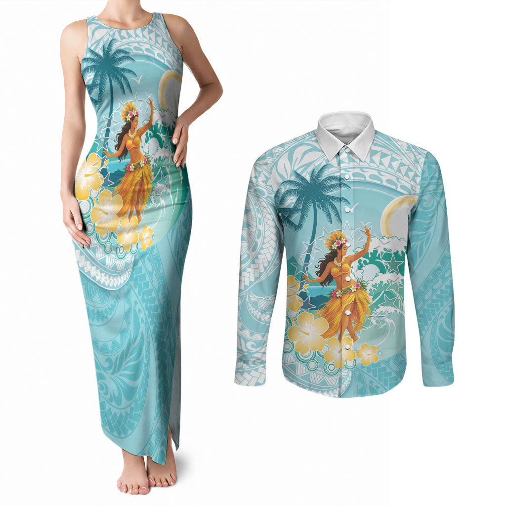 Ura Cook Islands Couples Matching Tank Maxi Dress and Long Sleeve Button Shirt Kuki 'Airani Traditional Dance Tropical Vibes LT14 Cyan - Polynesian Pride