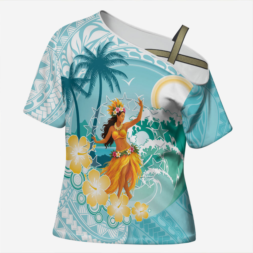 Ura Cook Islands Cross Shoulder Shirt Kuki 'Airani Traditional Dance Tropical Vibes LT14 Female Cyan - Polynesian Pride