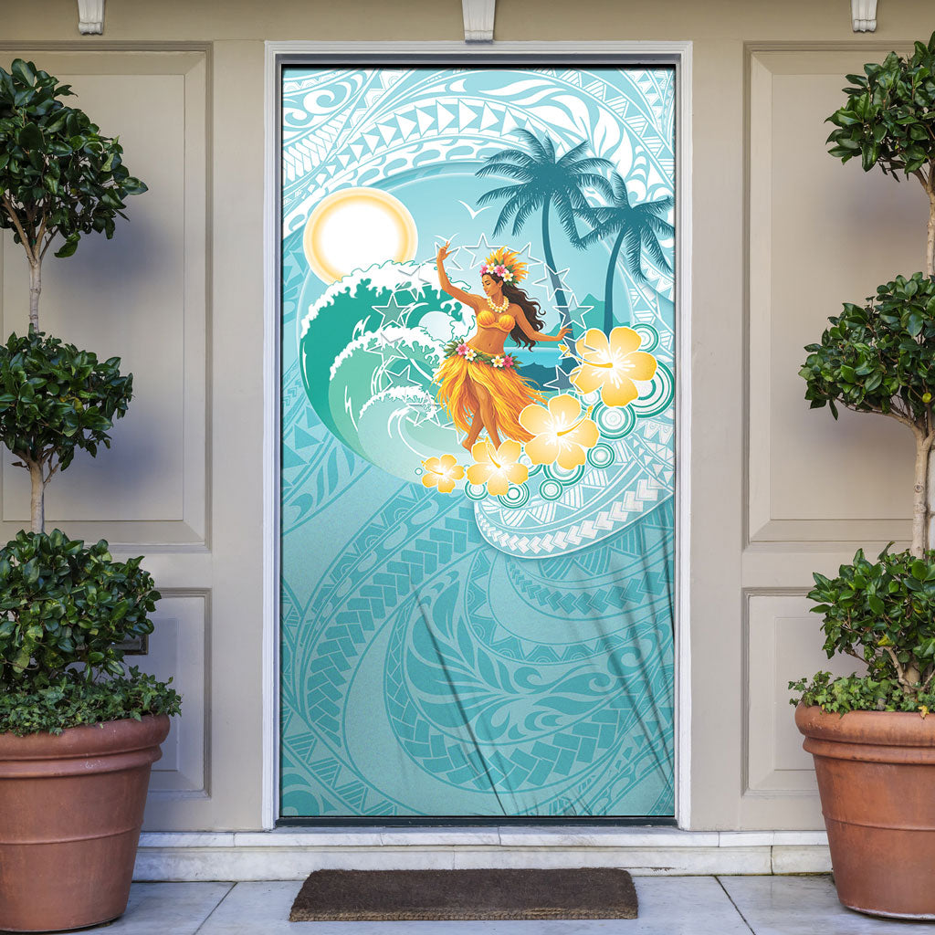 Ura Cook Islands Door Cover Kuki 'Airani Traditional Dance Tropical Vibes LT14 Cyan - Polynesian Pride