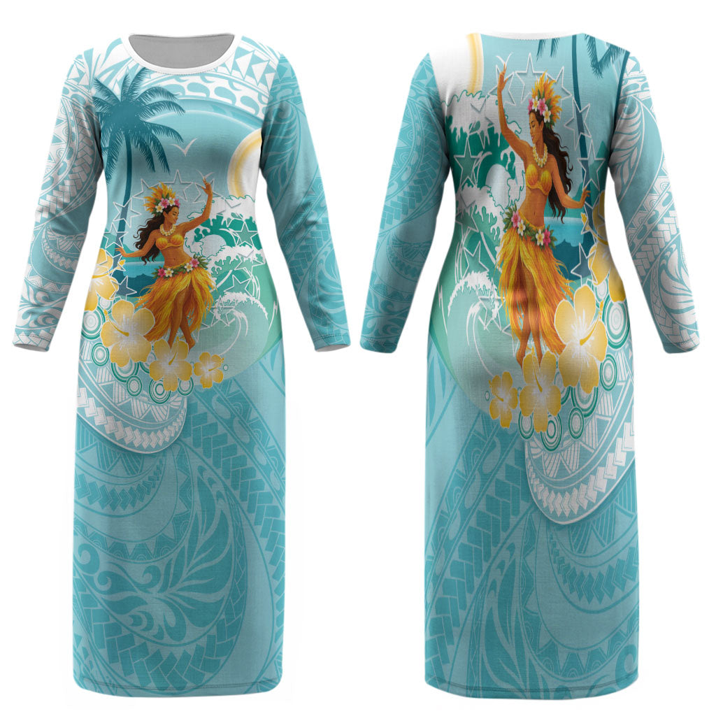 Ura Cook Islands Family Matching Long Sleeve Bodycon Dress and Hawaiian Shirt Kuki 'Airani Traditional Dance Tropical Vibes LT14 Mom's Dress Cyan - Polynesian Pride