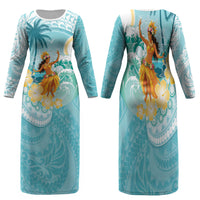 Ura Cook Islands Family Matching Long Sleeve Bodycon Dress and Hawaiian Shirt Kuki 'Airani Traditional Dance Tropical Vibes LT14 Mom's Dress Cyan - Polynesian Pride