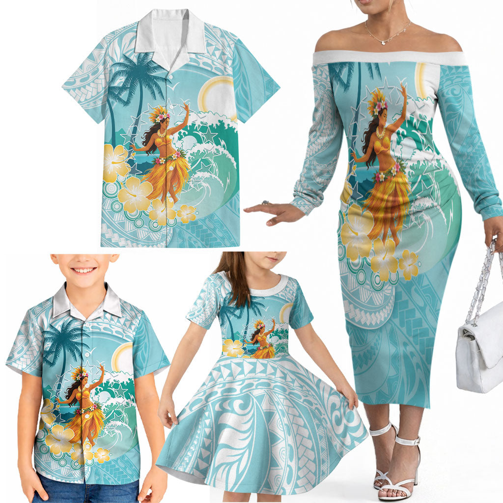 Ura Cook Islands Family Matching Off The Shoulder Long Sleeve Dress and Hawaiian Shirt Kuki 'Airani Traditional Dance Tropical Vibes LT14 - Polynesian Pride