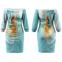 Ura Cook Islands Family Matching Off The Shoulder Long Sleeve Dress and Hawaiian Shirt Kuki 'Airani Traditional Dance Tropical Vibes LT14 Mom's Dress Cyan - Polynesian Pride