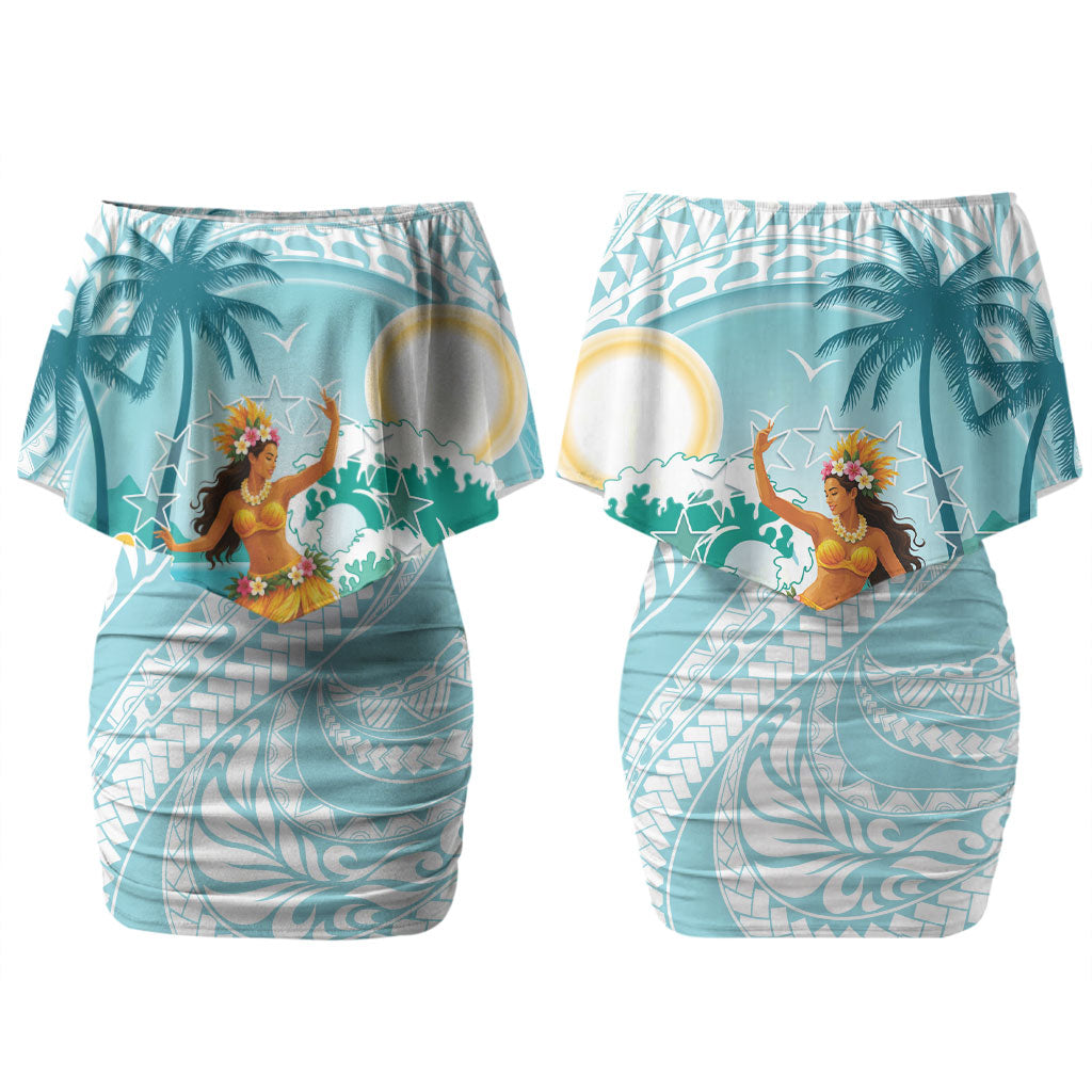 Ura Cook Islands Family Matching Off Shoulder Short Dress and Hawaiian Shirt Kuki 'Airani Traditional Dance Tropical Vibes LT14 Mom's Dress Cyan - Polynesian Pride