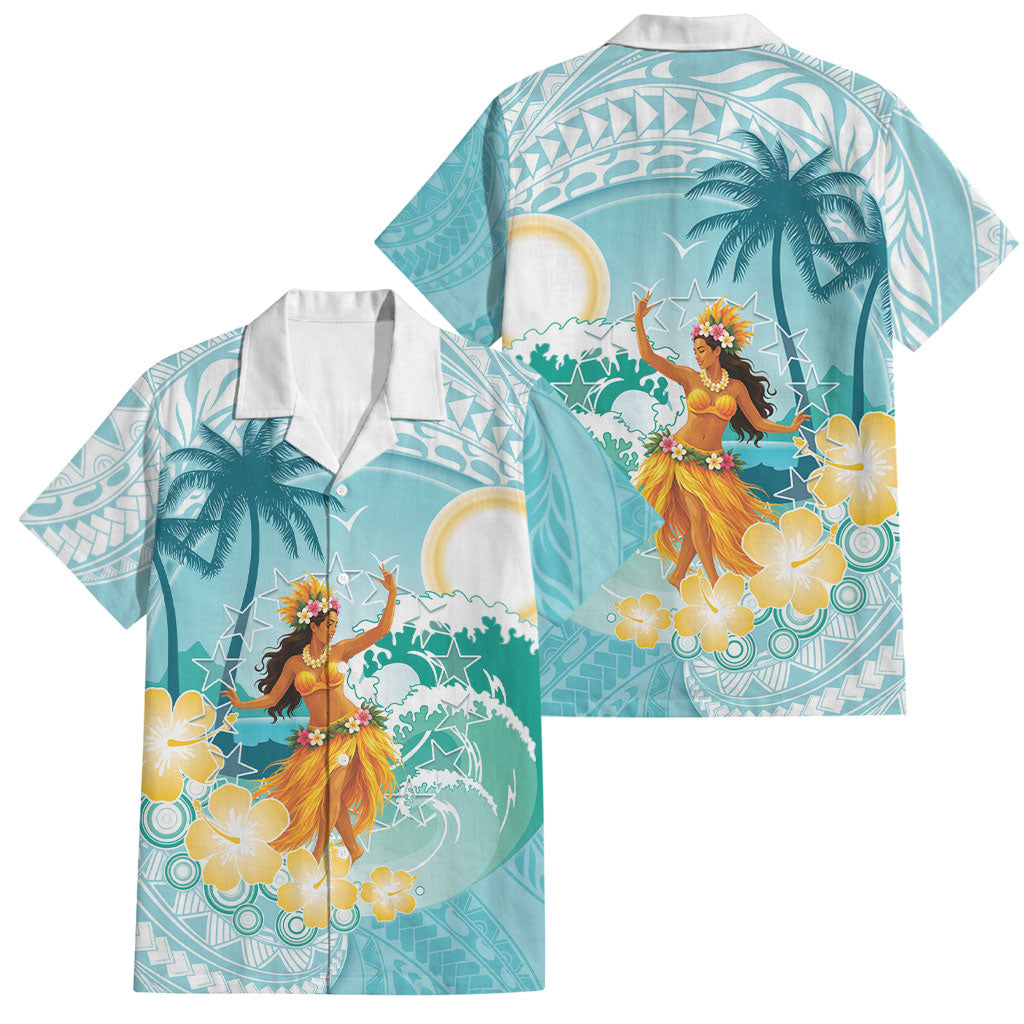Ura Cook Islands Family Matching Off Shoulder Short Dress and Hawaiian Shirt Kuki 'Airani Traditional Dance Tropical Vibes LT14 Dad's Shirt - Short Sleeve Cyan - Polynesian Pride