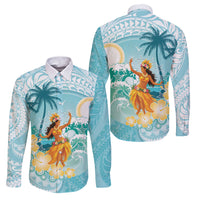Ura Cook Islands Family Matching Off Shoulder Short Dress and Hawaiian Shirt Kuki 'Airani Traditional Dance Tropical Vibes LT14 Dad's Shirt - Long Sleeve Cyan - Polynesian Pride