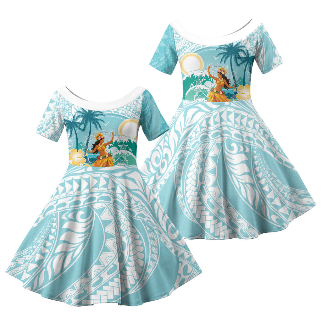 Ura Cook Islands Family Matching Off Shoulder Short Dress and Hawaiian Shirt Kuki 'Airani Traditional Dance Tropical Vibes LT14 Daughter's Dress Cyan - Polynesian Pride