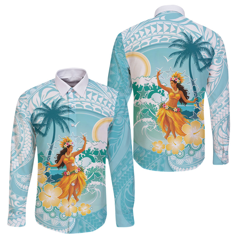 Ura Cook Islands Family Matching Summer Maxi Dress and Hawaiian Shirt Kuki 'Airani Traditional Dance Tropical Vibes LT14 Dad's Shirt - Long Sleeve Cyan - Polynesian Pride