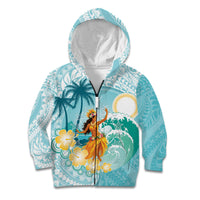 Ura Cook Islands Kid Hoodie Kuki 'Airani Traditional Dance Tropical Vibes LT14 Zip Hoodie Cyan - Polynesian Pride