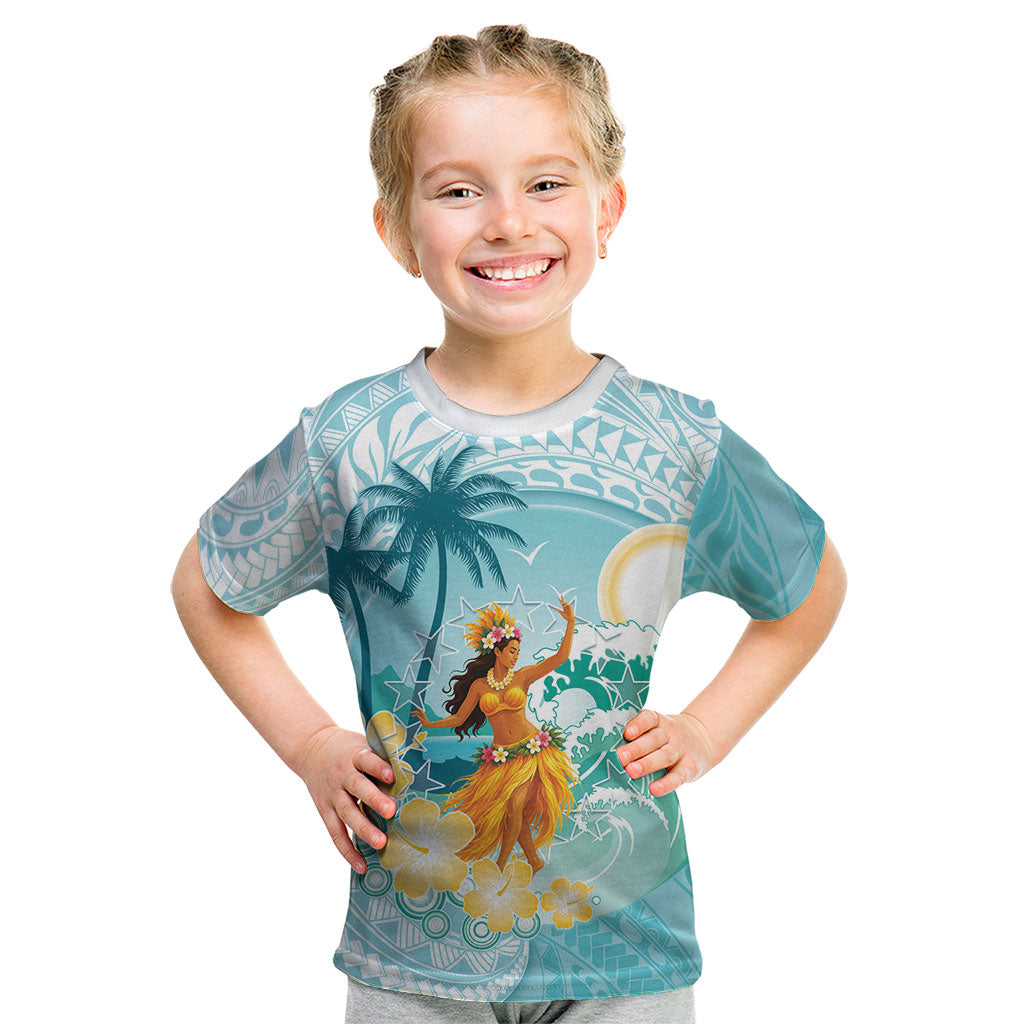 Ura Cook Islands Kid T Shirt Kuki 'Airani Traditional Dance Tropical Vibes LT14 Cyan - Polynesian Pride