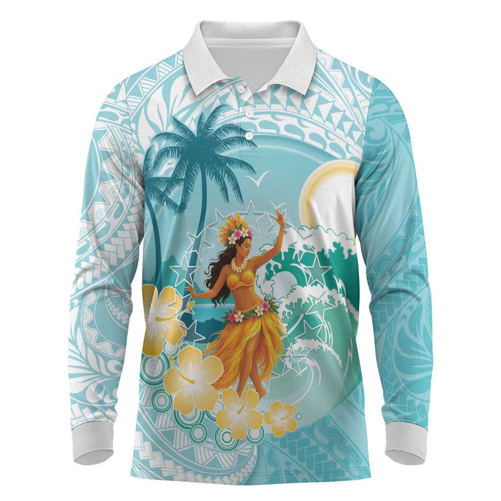 Ura Cook Islands Long Sleeve Polo Shirt Kuki 'Airani Traditional Dance Tropical Vibes LT14 Cyan - Polynesian Pride