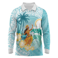Ura Cook Islands Long Sleeve Polo Shirt Kuki 'Airani Traditional Dance Tropical Vibes LT14 Cyan - Polynesian Pride