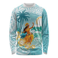 Ura Cook Islands Long Sleeve Shirt Kuki 'Airani Traditional Dance Tropical Vibes LT14 Unisex Cyan - Polynesian Pride