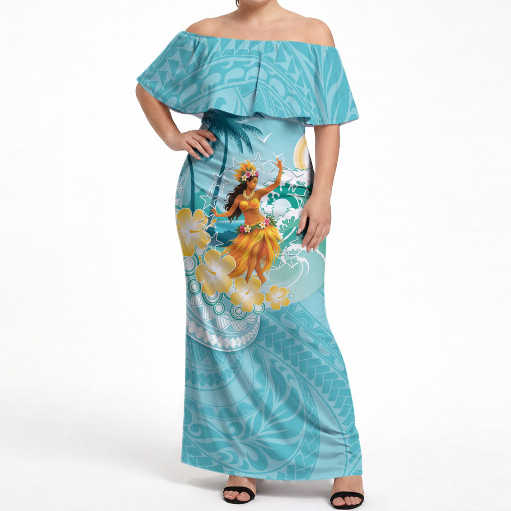 Ura Cook Islands Off Shoulder Maxi Dress Kuki 'Airani Traditional Dance Tropical Vibes LT14 Women Cyan - Polynesian Pride