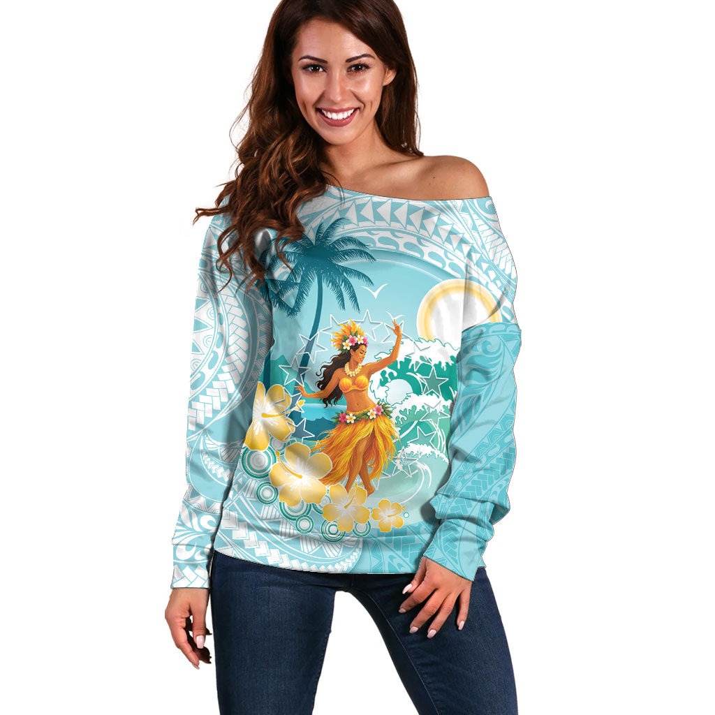 Ura Cook Islands Off Shoulder Sweater Kuki 'Airani Traditional Dance Tropical Vibes LT14 Women Cyan - Polynesian Pride
