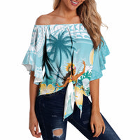 Ura Cook Islands Off Shoulder Wrap Waist Top Kuki 'Airani Traditional Dance Tropical Vibes LT14 Cyan - Polynesian Pride