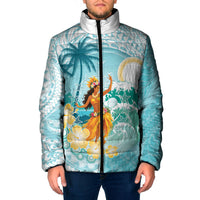 Ura Cook Islands Padded Jacket Kuki 'Airani Traditional Dance Tropical Vibes LT14 Men Cyan - Polynesian Pride