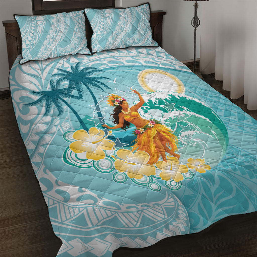 Ura Cook Islands Quilt Bed Set Kuki 'Airani Traditional Dance Tropical Vibes LT14 Cyan - Polynesian Pride