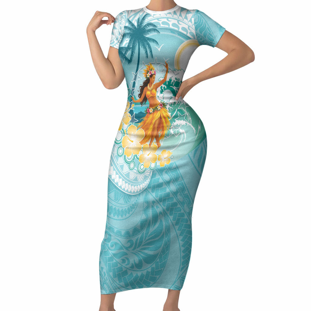 Ura Cook Islands Short Sleeve Bodycon Dress Kuki 'Airani Traditional Dance Tropical Vibes LT14 Long Dress Cyan - Polynesian Pride