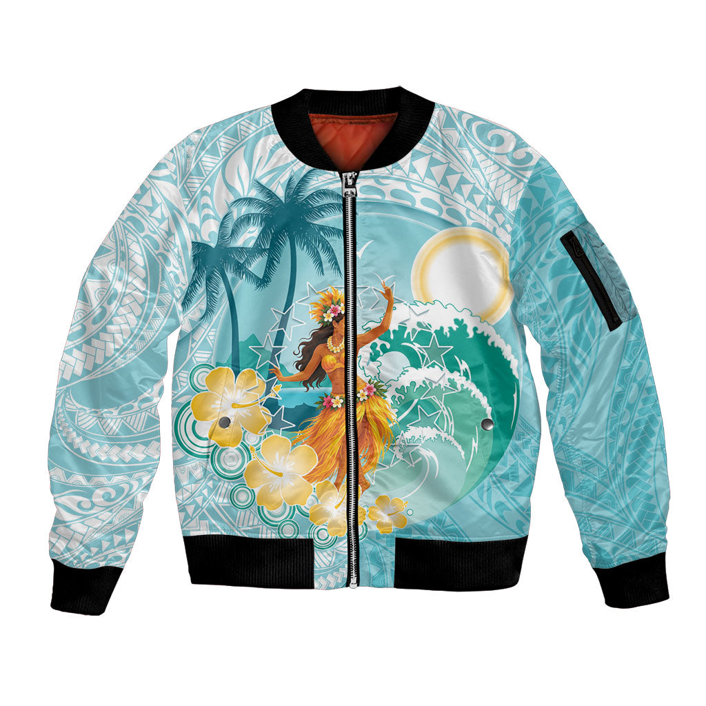 Ura Cook Islands Sleeve Zip Bomber Jacket Kuki 'Airani Traditional Dance Tropical Vibes LT14 Unisex Cyan - Polynesian Pride