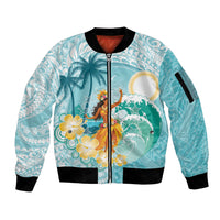 Ura Cook Islands Sleeve Zip Bomber Jacket Kuki 'Airani Traditional Dance Tropical Vibes LT14 Unisex Cyan - Polynesian Pride