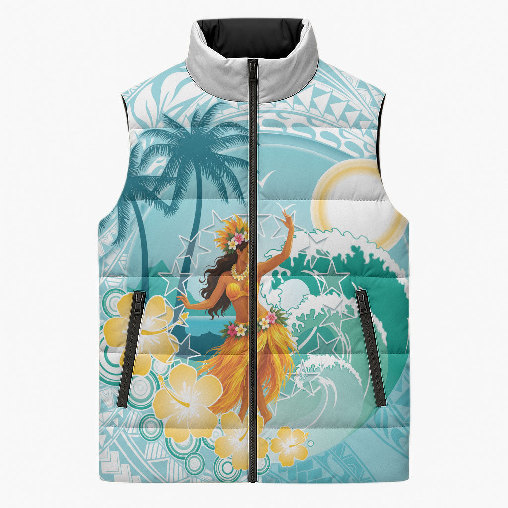 Ura Cook Islands Sleeveless Puffer Jacket Kuki 'Airani Traditional Dance Tropical Vibes LT14 Unisex Cyan - Polynesian Pride