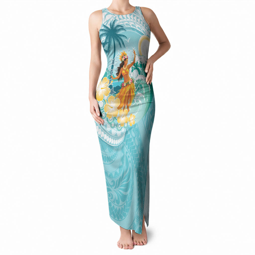 Ura Cook Islands Tank Maxi Dress Kuki 'Airani Traditional Dance Tropical Vibes LT14 Women Cyan - Polynesian Pride
