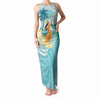 Ura Cook Islands Tank Maxi Dress Kuki 'Airani Traditional Dance Tropical Vibes LT14 Women Cyan - Polynesian Pride