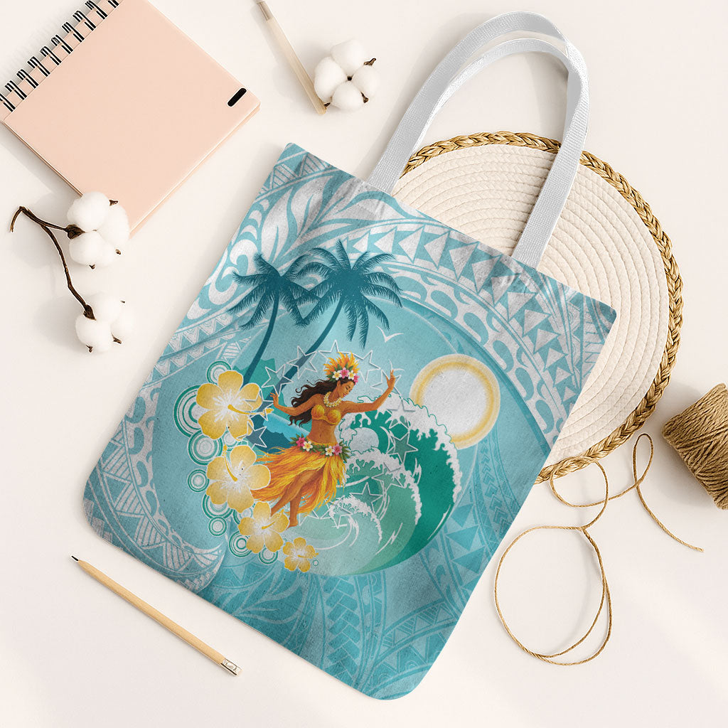 Ura Cook Islands Tote Bag Kuki 'Airani Traditional Dance Tropical Vibes LT14 White Strap One Size Cyan - Polynesian Pride