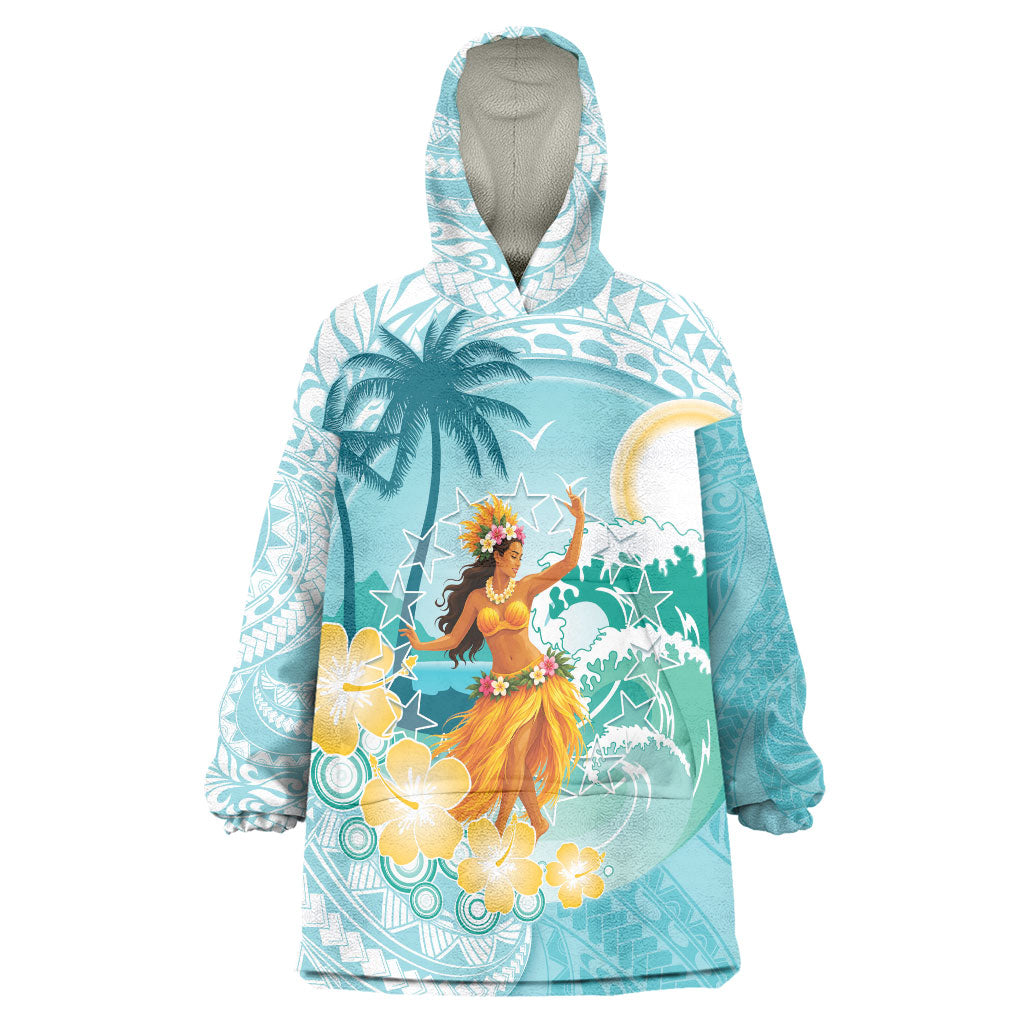 Ura Cook Islands Wearable Blanket Hoodie Kuki 'Airani Traditional Dance Tropical Vibes LT14 One Size Cyan - Polynesian Pride
