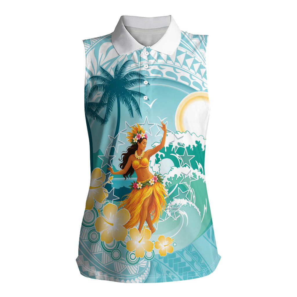 Ura Cook Islands Women Sleeveless Polo Shirt Kuki 'Airani Traditional Dance Tropical Vibes LT14 Female Cyan - Polynesian Pride