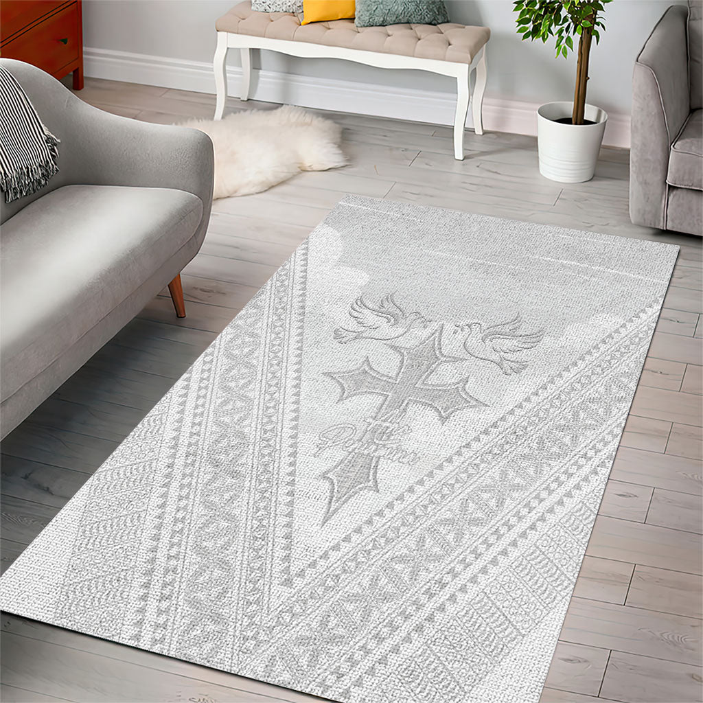 Peniamina Gospel Day Niue Area Rug Cross Dove Hiapo Pattern White LT14 - Polynesian Pride