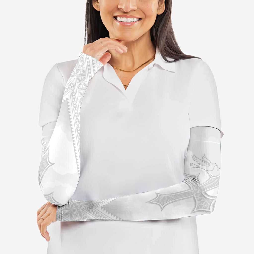 Peniamina Gospel Day Niue Arm Sleeves Cross Dove Hiapo Pattern White LT14 - Polynesian Pride