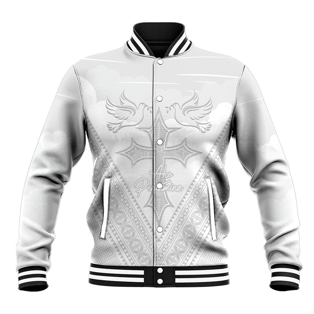 Peniamina Gospel Day Niue Baseball Jacket Cross Dove Hiapo Pattern White LT14 Unisex White - Polynesian Pride