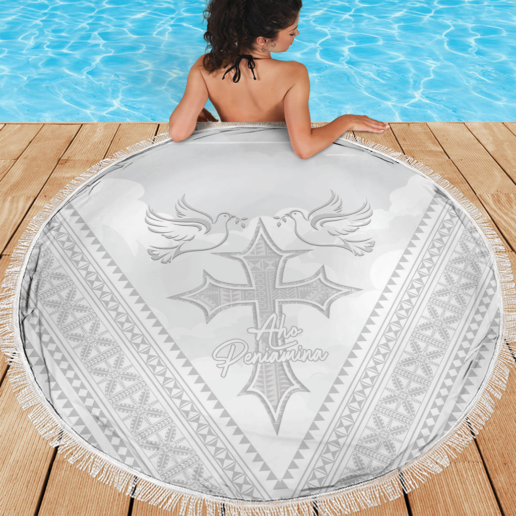 Peniamina Gospel Day Niue Beach Blanket Cross Dove Hiapo Pattern White LT14 - Polynesian Pride