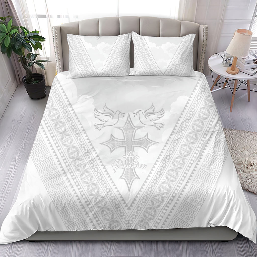 Peniamina Gospel Day Niue Bedding Set Cross Dove Hiapo Pattern White LT14 - Polynesian Pride