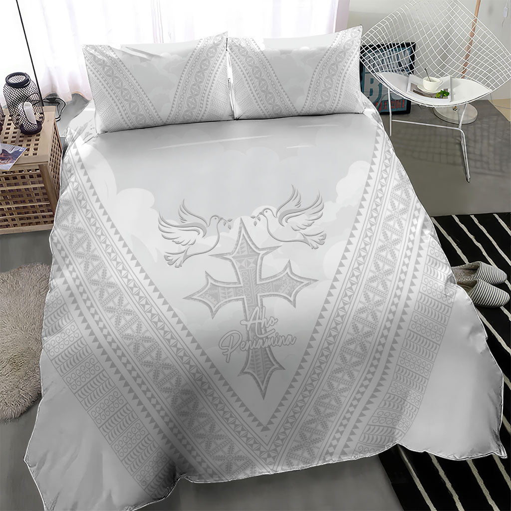 Peniamina Gospel Day Niue Bedding Set Cross Dove Hiapo Pattern White LT14 - Polynesian Pride