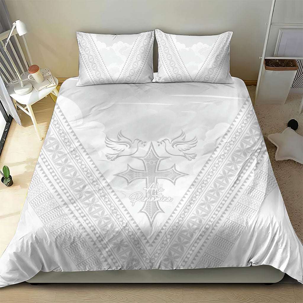 Peniamina Gospel Day Niue Bedding Set Cross Dove Hiapo Pattern White LT14 - Polynesian Pride