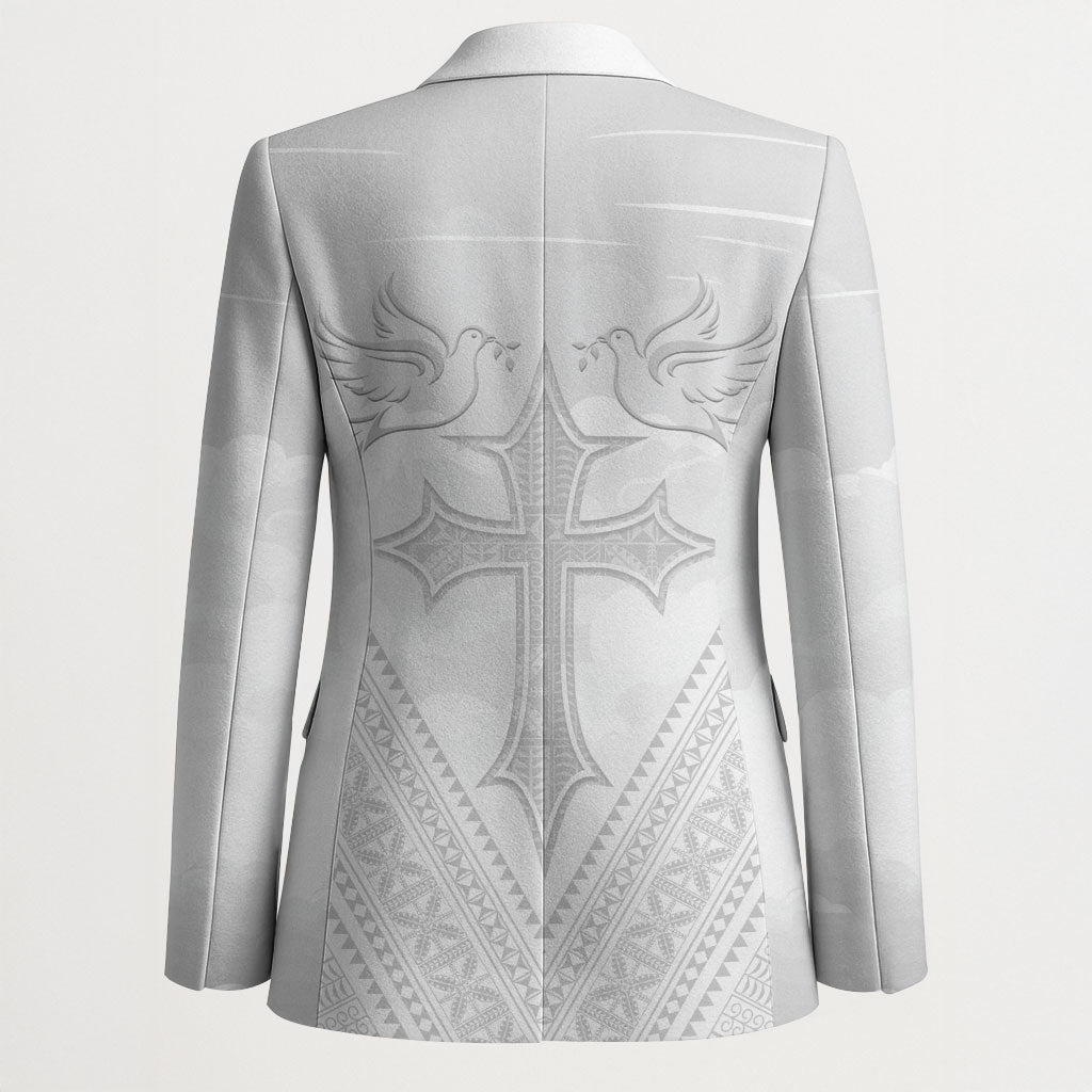 Peniamina Gospel Day Niue Blazer Cross Dove Hiapo Pattern White LT14 - Polynesian Pride