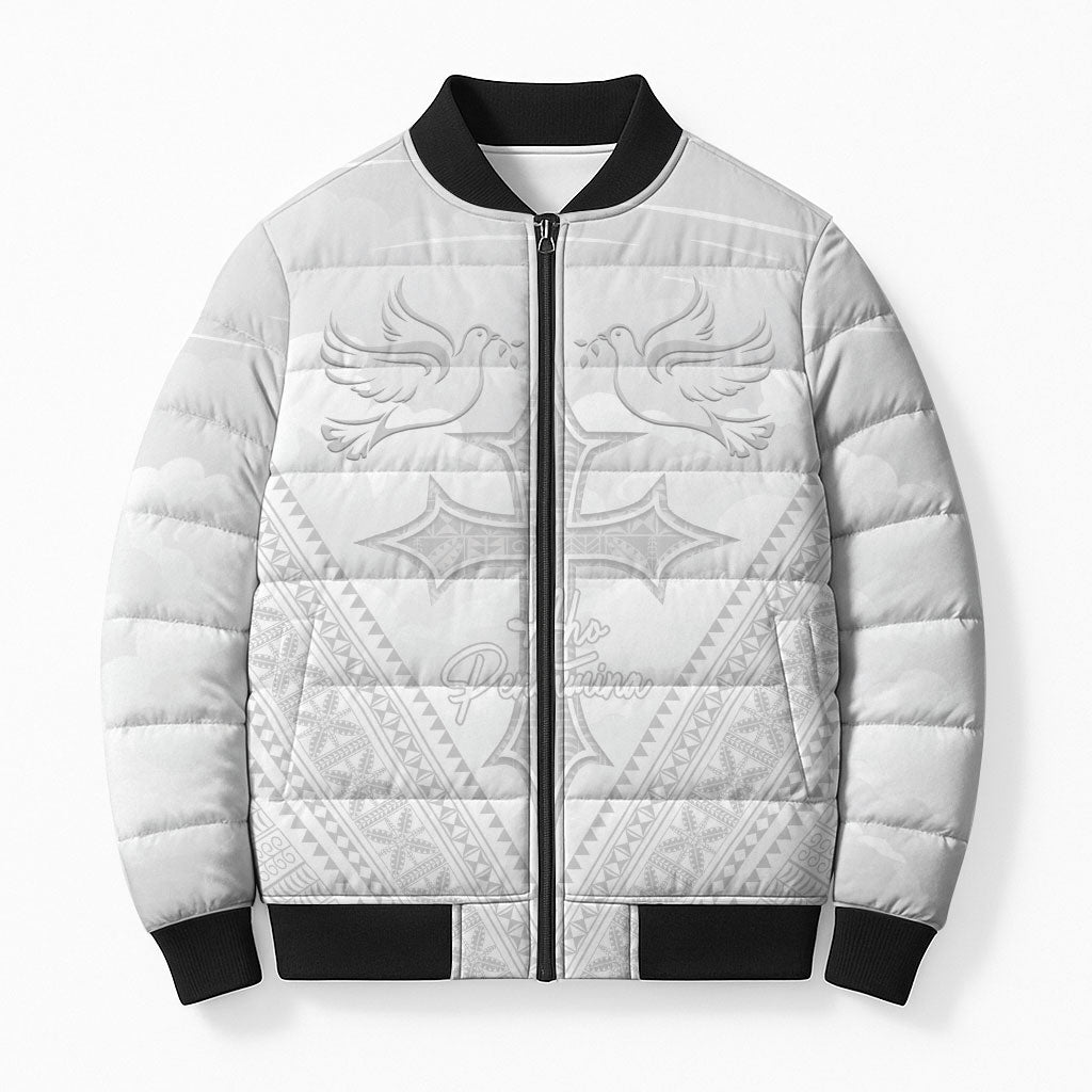 Peniamina Gospel Day Niue Bomber Puffer Jacket Cross Dove Hiapo Pattern White LT14 Unisex White - Polynesian Pride