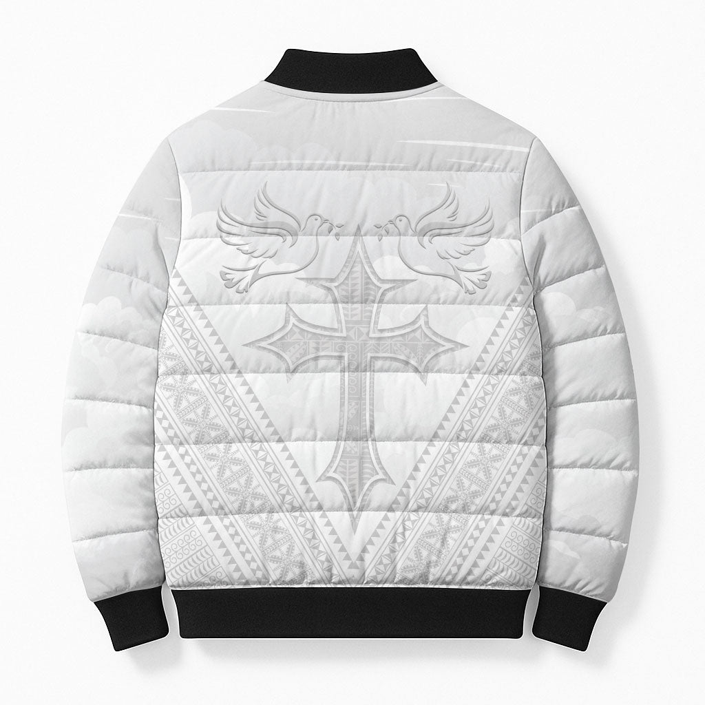 Peniamina Gospel Day Niue Bomber Puffer Jacket Cross Dove Hiapo Pattern White LT14 - Polynesian Pride