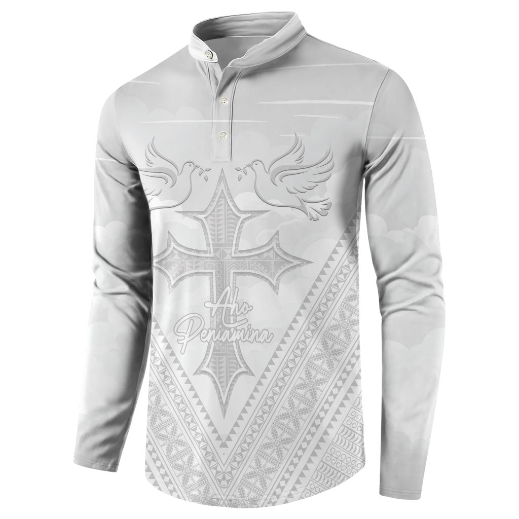 Peniamina Gospel Day Niue Button Sweatshirt Cross Dove Hiapo Pattern White LT14 - Polynesian Pride