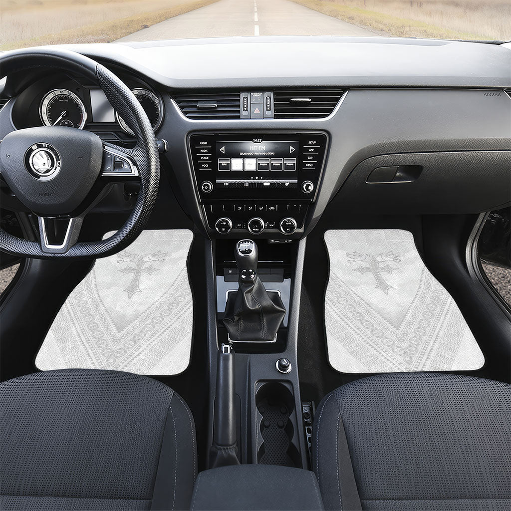 Peniamina Gospel Day Niue Car Mats Cross Dove Hiapo Pattern White LT14 Set 2pcs - Front White - Polynesian Pride