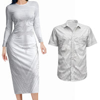 Peniamina Gospel Day Niue Couples Matching Long Sleeve Bodycon Dress and Hawaiian Shirt Cross Dove Hiapo Pattern White LT14 White - Polynesian Pride