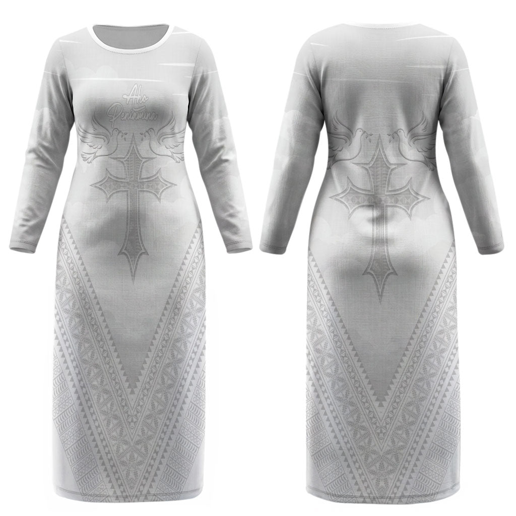 Peniamina Gospel Day Niue Couples Matching Long Sleeve Bodycon Dress and Hawaiian Shirt Cross Dove Hiapo Pattern White LT14 - Polynesian Pride