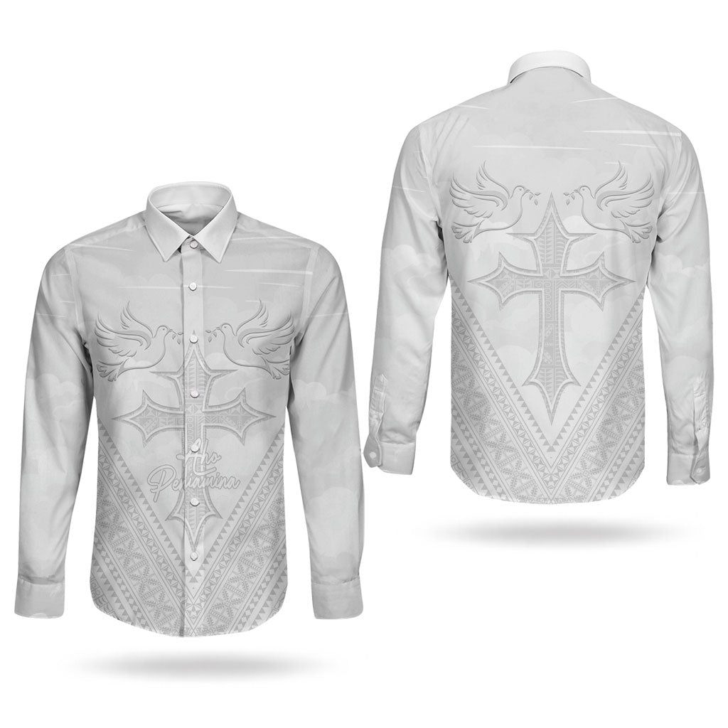 Peniamina Gospel Day Niue Couples Matching Long Sleeve Bodycon Dress and Long Sleeve Button Shirt Cross Dove Hiapo Pattern White LT14 - Polynesian Pride