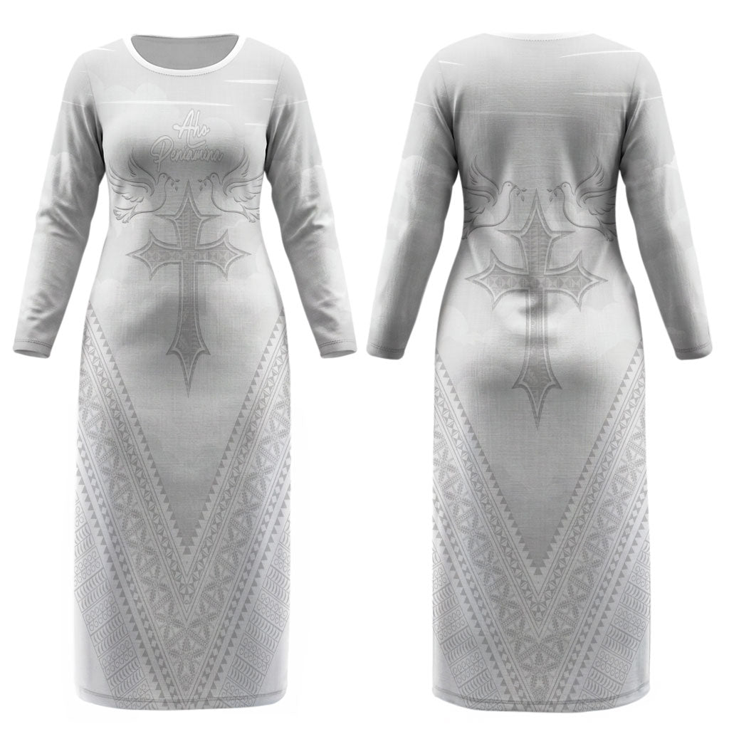 Peniamina Gospel Day Niue Couples Matching Long Sleeve Bodycon Dress and Long Sleeve Button Shirt Cross Dove Hiapo Pattern White LT14 - Polynesian Pride