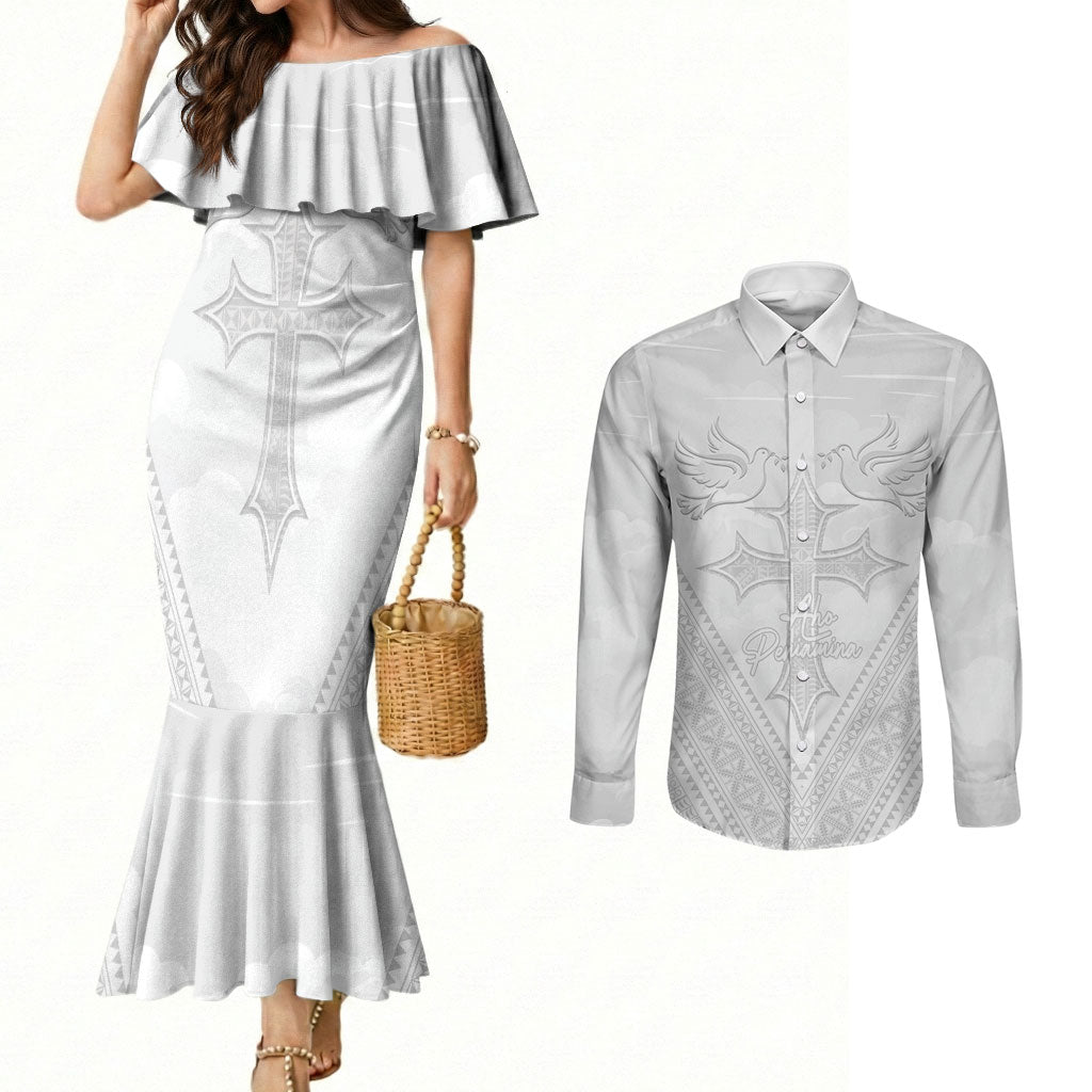 Peniamina Gospel Day Niue Couples Matching Mermaid Dress and Long Sleeve Button Shirt Cross Dove Hiapo Pattern White LT14 White - Polynesian Pride