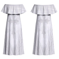 Peniamina Gospel Day Niue Couples Matching Off Shoulder Maxi Dress and Hawaiian Shirt Cross Dove Hiapo Pattern White LT14 - Polynesian Pride