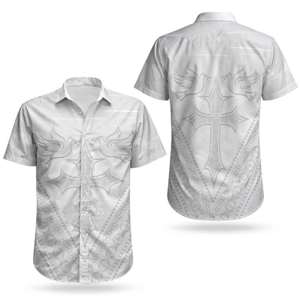 Peniamina Gospel Day Niue Couples Matching Off Shoulder Short Dress and Hawaiian Shirt Cross Dove Hiapo Pattern White LT14 - Polynesian Pride